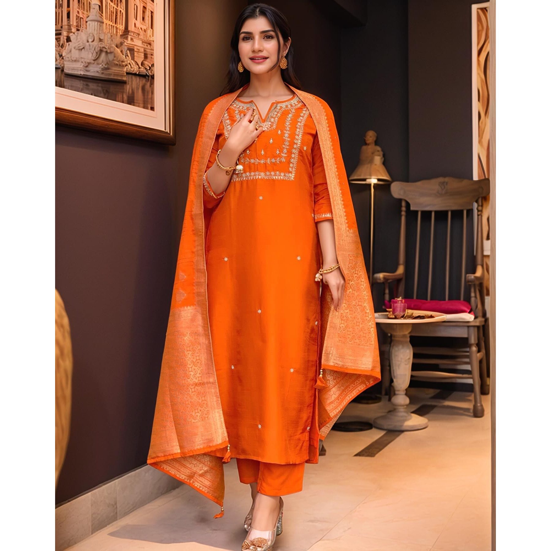 ANNI DESIGNER Women's Silk Blend Straight Embroidered Kurta with Pant & Dupatta (MANUSHI Orange-VKS05_L_Orange_Large)