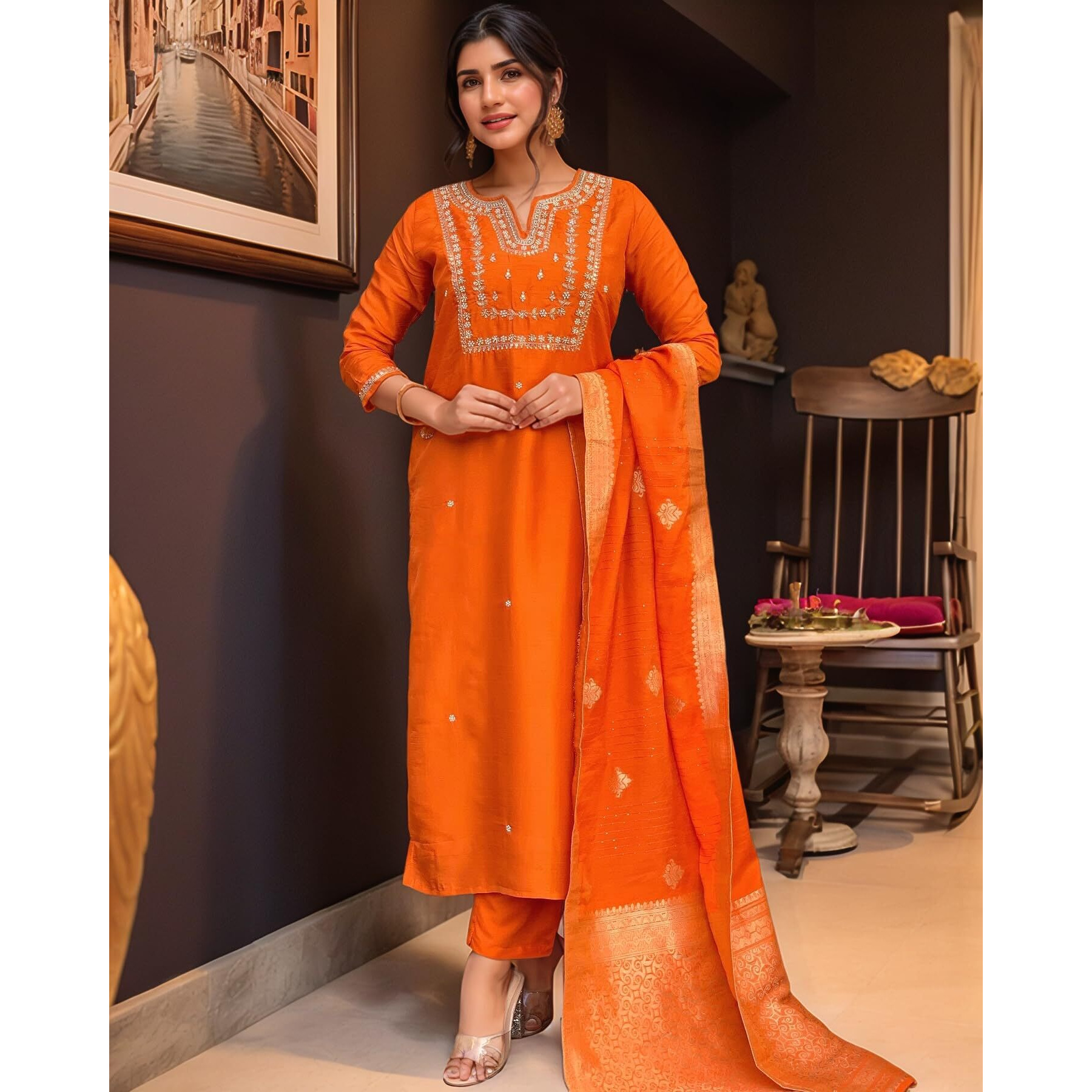 ANNI DESIGNER Women's Silk Blend Straight Embroidered Kurta with Pant & Dupatta (MANUSHI Orange-VKS05_L_Orange_Large)