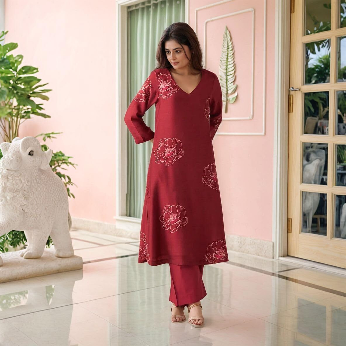 ANNI DESIGNER Women's Rayon Viscose Printed Straight Kurta with Pant (TWISHA RED_M_Red_Medium)