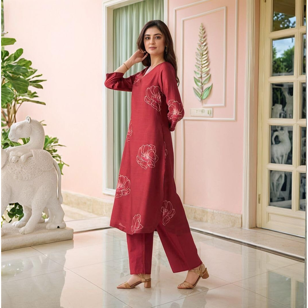 ANNI DESIGNER Women's Rayon Viscose Printed Straight Kurta with Pant (TWISHA RED_M_Red_Medium)