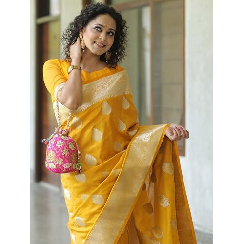Yashika Womens Fancy Banarasi Kanjivaram Art Silk Yellow Saree with Unstitched Blouse Piece |Wedding Saree for Women