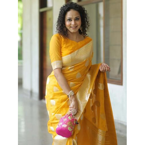 Yashika Womens Fancy Banarasi Kanjivaram Art Silk Yellow Saree with Unstitched Blouse Piece |Wedding Saree for Women
