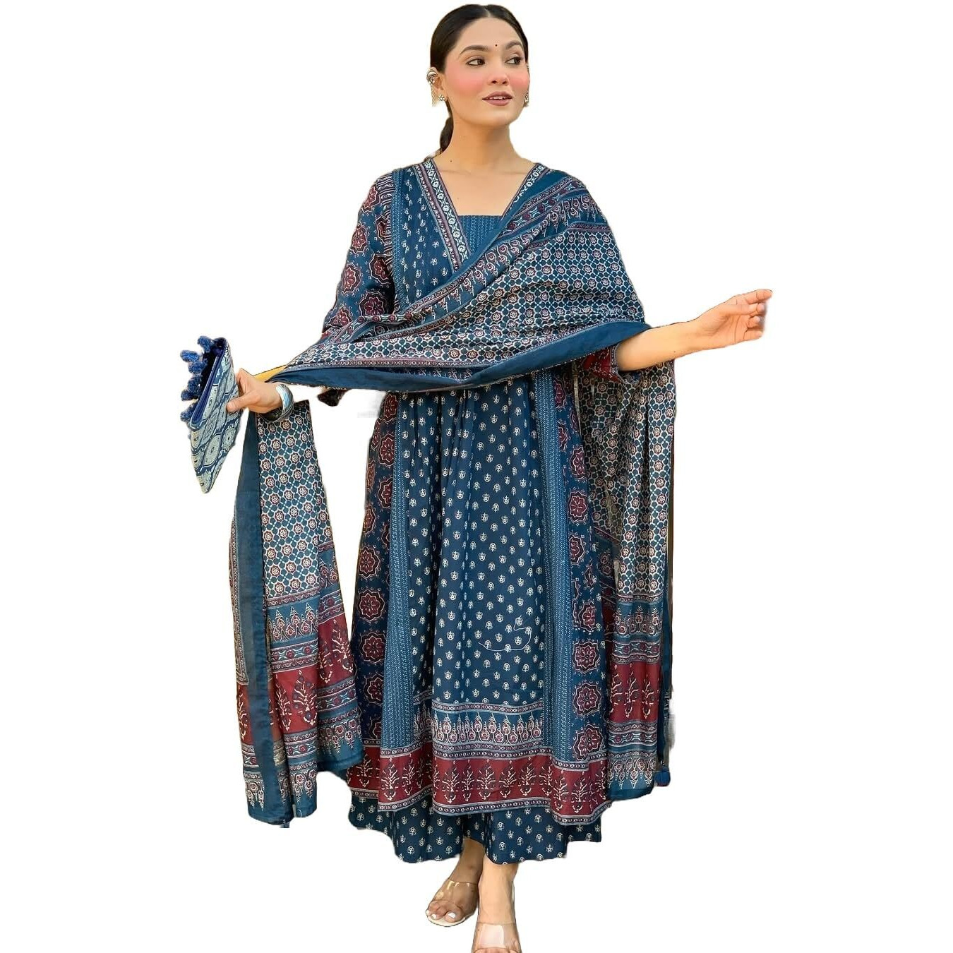 KLOSIA Women Printed Flared Anarkali Kurta and Pant Set with Dupatta (in, Alpha, L, Teal Blue)