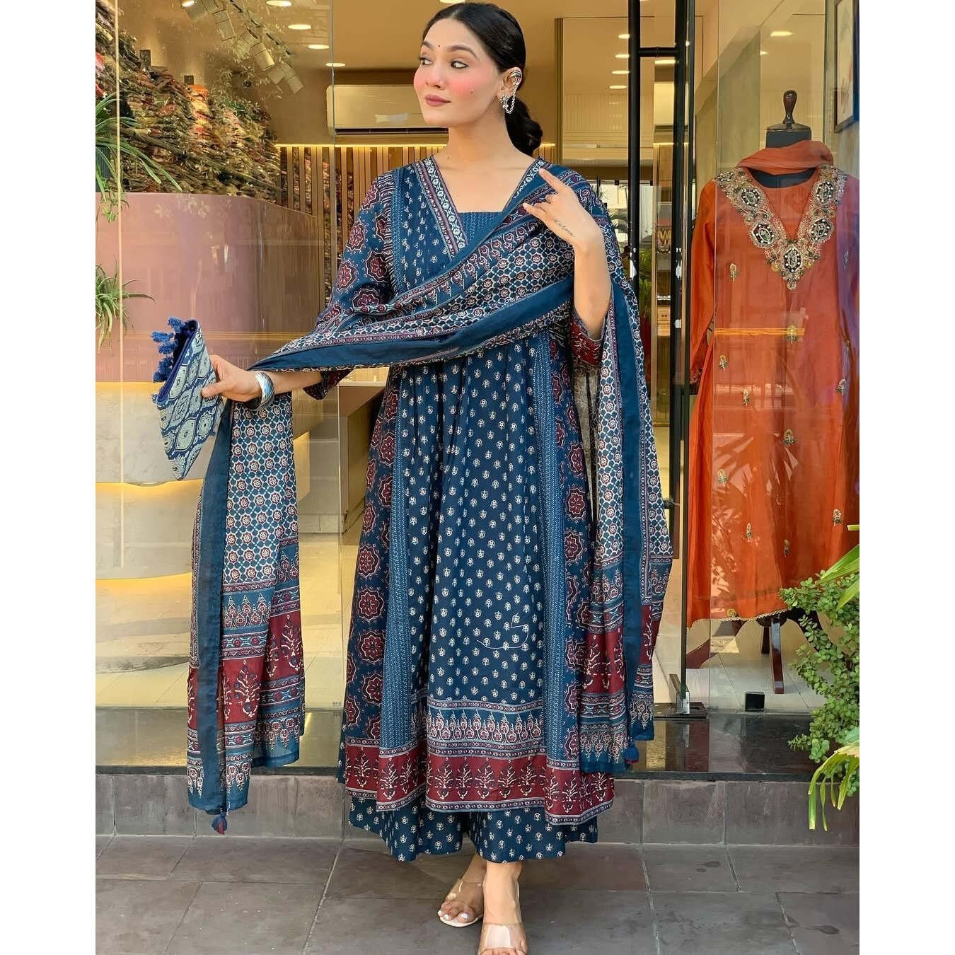 KLOSIA Women Printed Flared Anarkali Kurta and Pant Set with Dupatta (in, Alpha, L, Teal Blue)