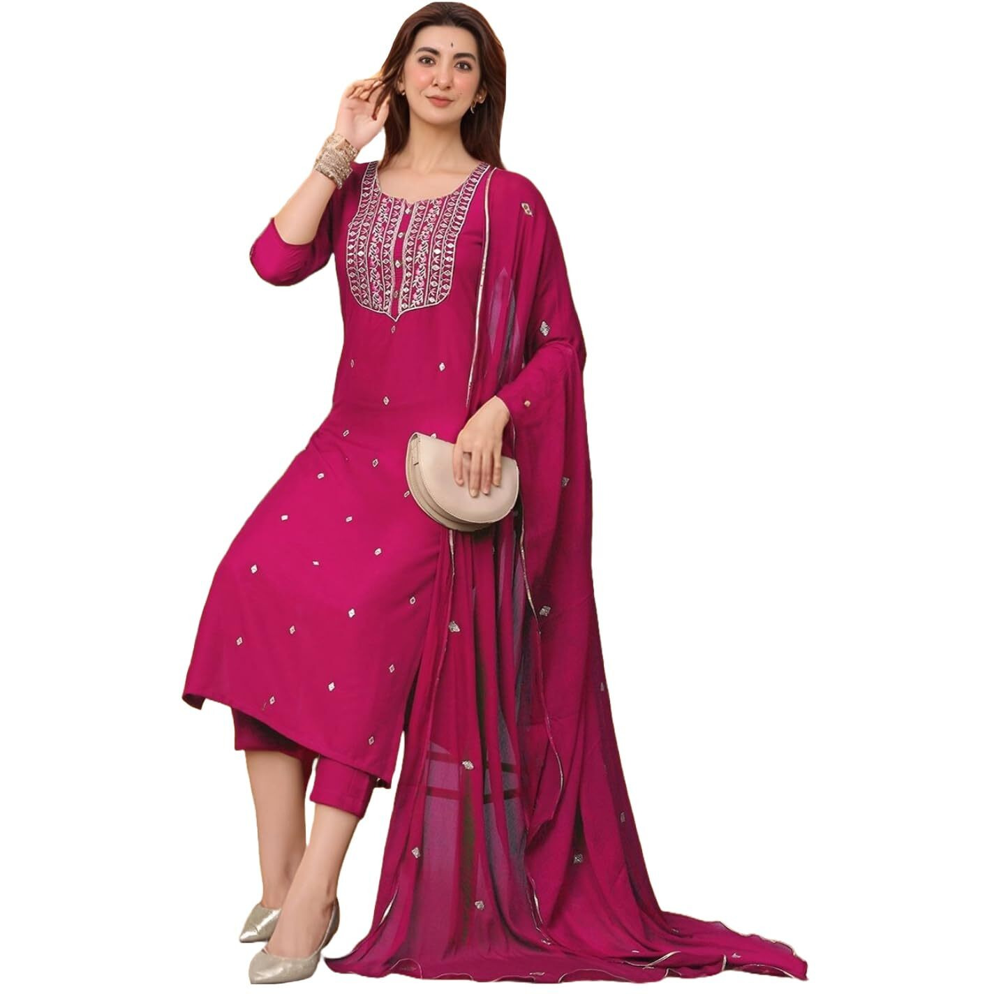 ANNI DESIGNER Women's Rayon Viscose Straight Embroidered Kurta with Pant & Dupatta (Kasturi Pink-VKS04_L_Pink_Large)