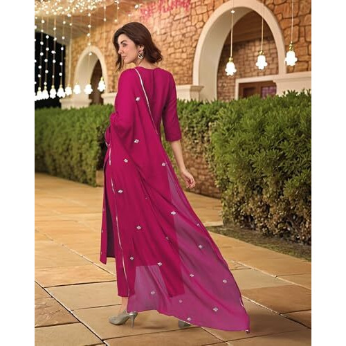 ANNI DESIGNER Women's Rayon Viscose Straight Embroidered Kurta with Pant & Dupatta (Kasturi Pink-VKS04_L_Pink_Large)