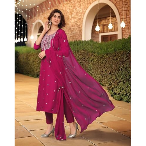 ANNI DESIGNER Women's Rayon Viscose Straight Embroidered Kurta with Pant & Dupatta (Kasturi Pink-VKS04_L_Pink_Large)