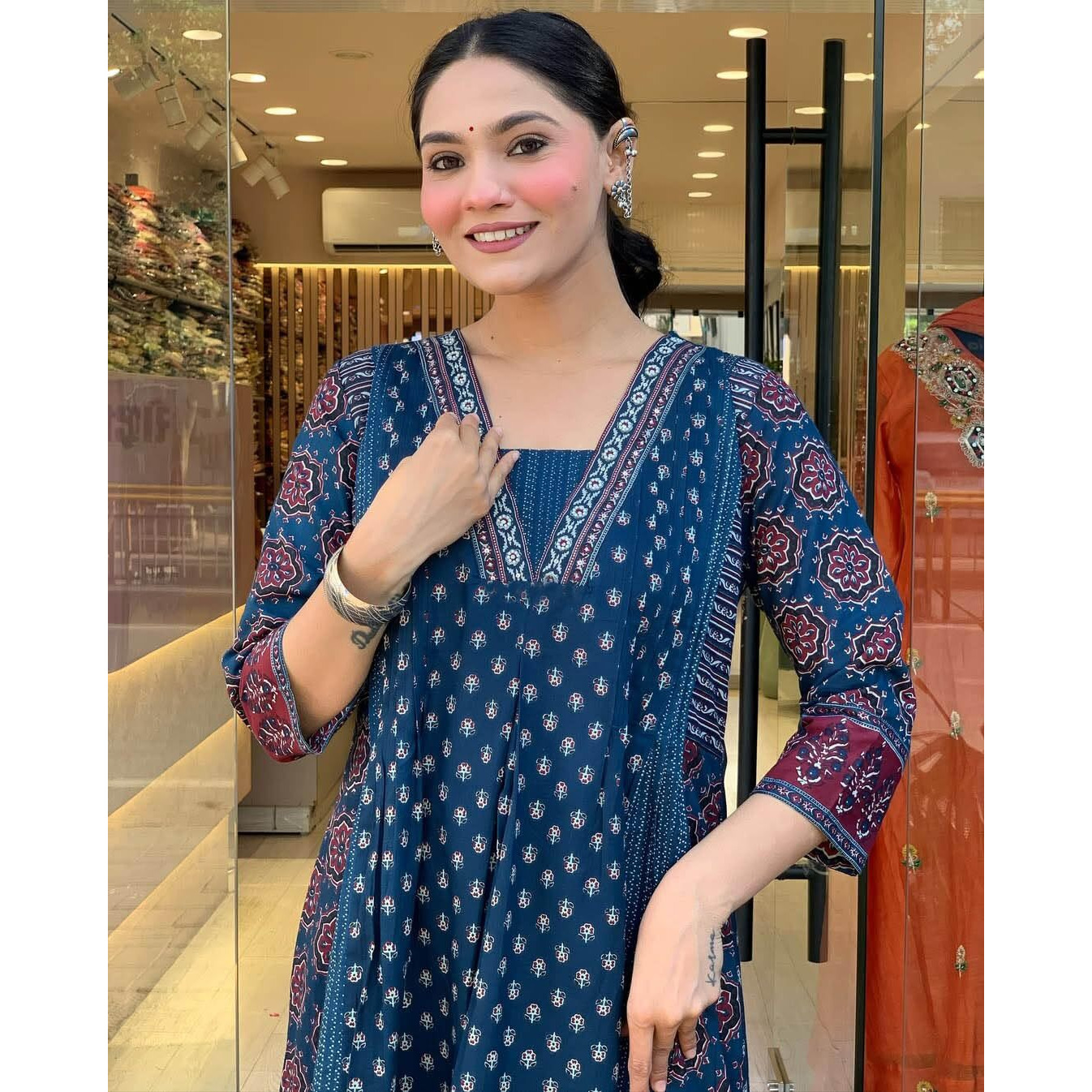KLOSIA Women Printed Flared Anarkali Kurta and Pant Set with Dupatta (in, Alpha, M, Teal Blue)
