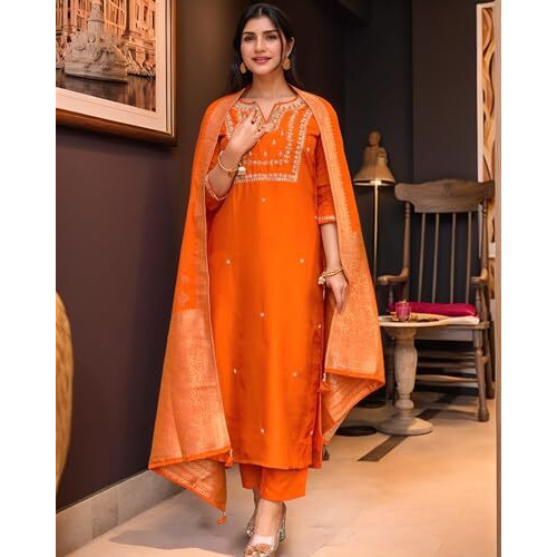 ANNI DESIGNER Women's Silk Blend Straight Embroidered Kurta with Pant & Dupatta (MANUSHI Orange-VKS05_M_Orange_Medium)