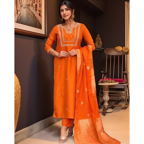 ANNI DESIGNER Women's Silk Blend Straight Embroidered Kurta with Pant & Dupatta (MANUSHI Orange-VKS05_M_Orange_Medium)