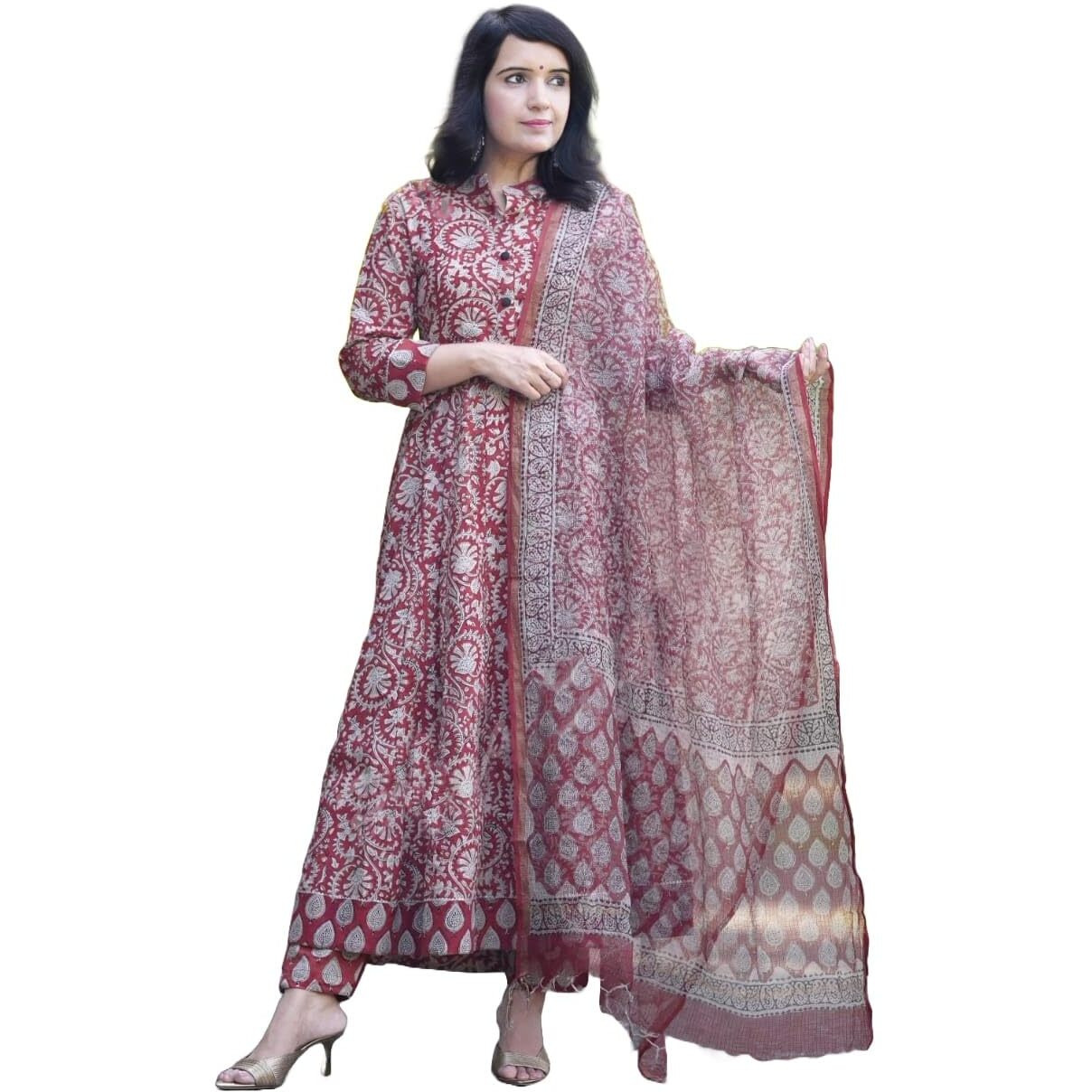 KLOSIA Women Printed Anarkali Kurta and Pant Set with Dupatta (in, Alpha, L, Red)