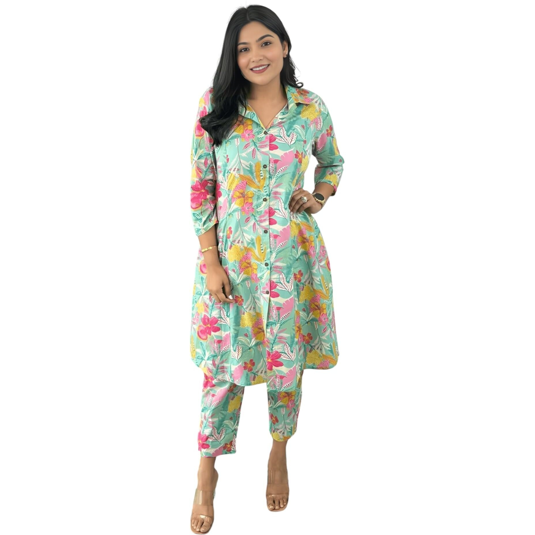 Yashika Blend Trendy Printed Cotton Bleand A-Line Trousers Woman Pant with Dupatta | Kurta Sets|Kurti for Women (AZ-YS-OG-KS2214-L) (AZ-YS-OG-KS2214-Parent_Green