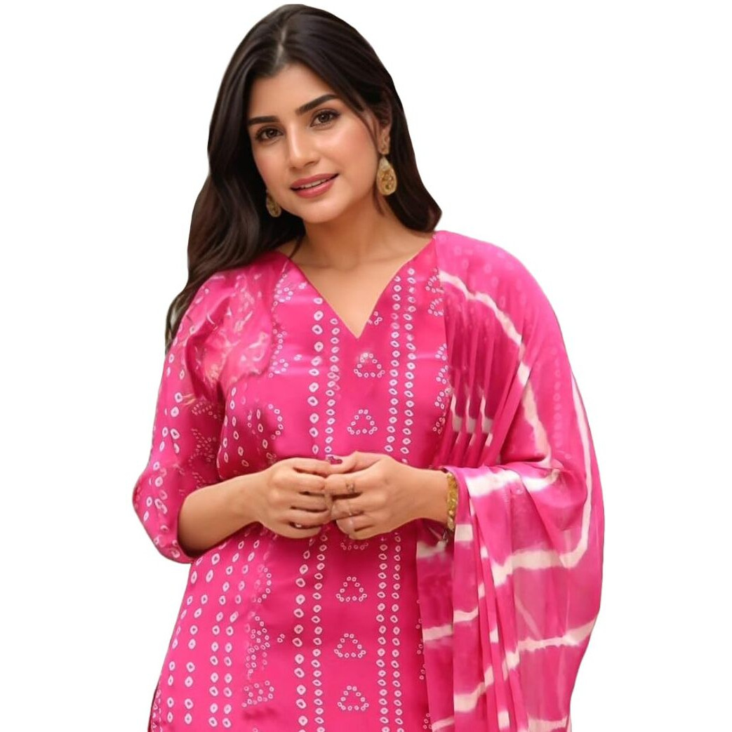 ANNI DESIGNER Women's Rayon Viscose Straight Bandhej Printed Kurta with Pant & Dupatta (Baghira Pink-VKS02_L_Pink_Large)