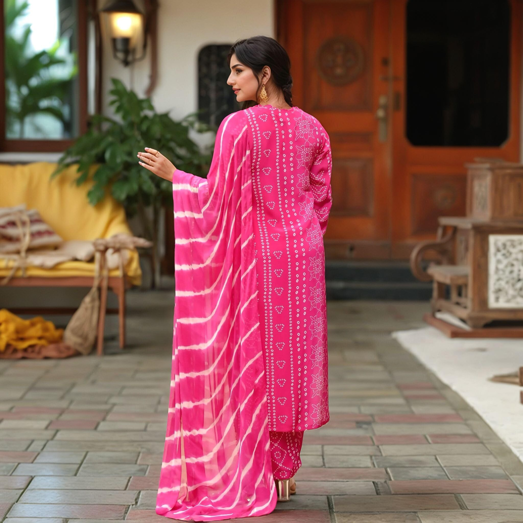ANNI DESIGNER Women's Rayon Viscose Straight Bandhej Printed Kurta with Pant & Dupatta (Baghira Pink-VKS02_L_Pink_Large)