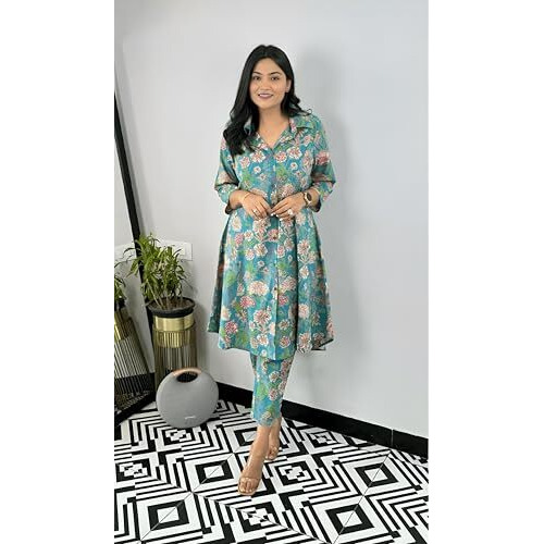 Yashika Blend Trendy Printed Cotton Bleand A-Line Trousers Woman Pant with Dupatta | Kurta Sets|Kurti for Women (AZ-YS-OG-KS2218-XL) (AZ-YS-OG-KS2218-Parent_Turquoise