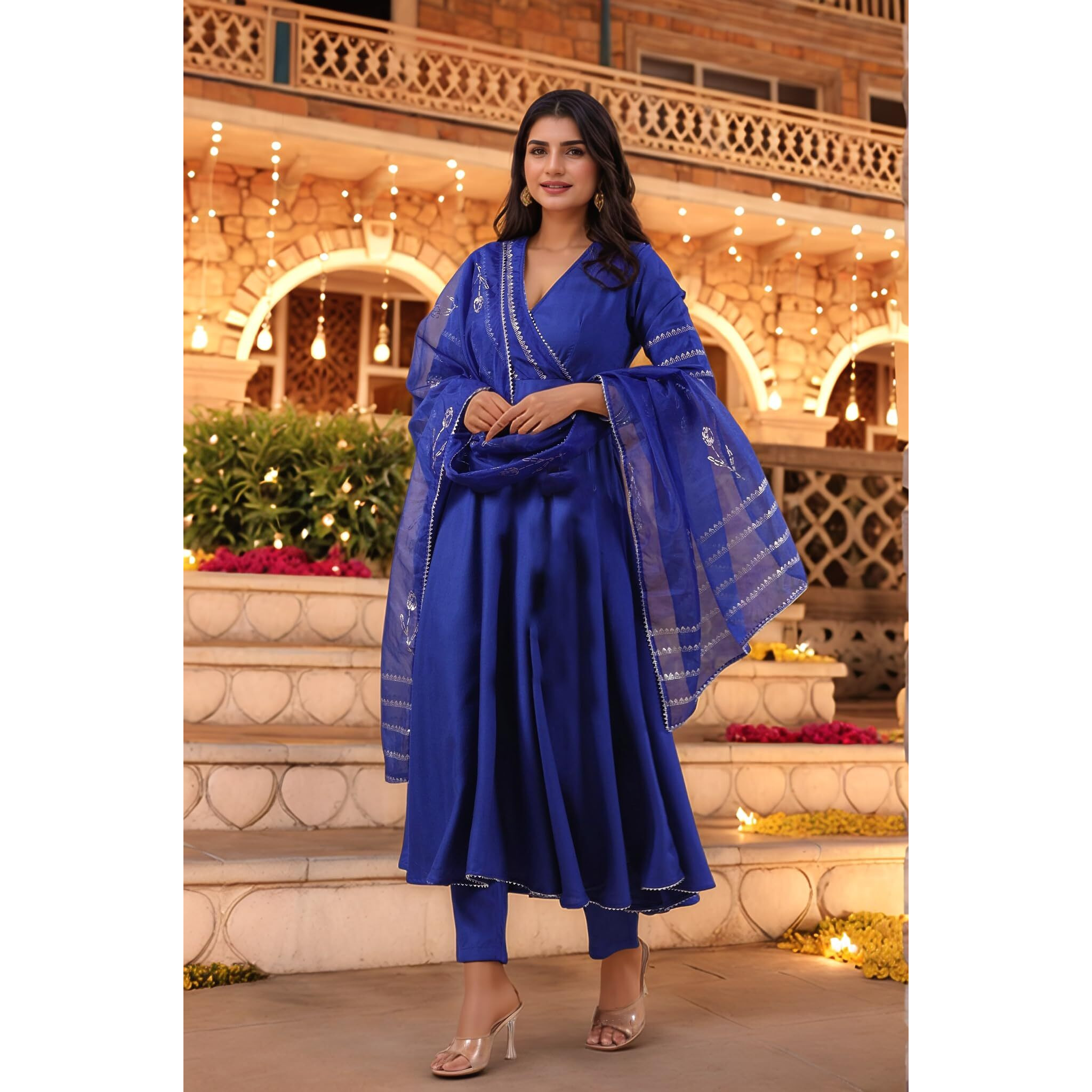 ANNI DESIGNER Women's Rayon Viscose Anarkali Solid Kurta with Pant & Dupatta (NIRMOOHA Royal BLUE-VKS03_XL_Blue_X-Large)