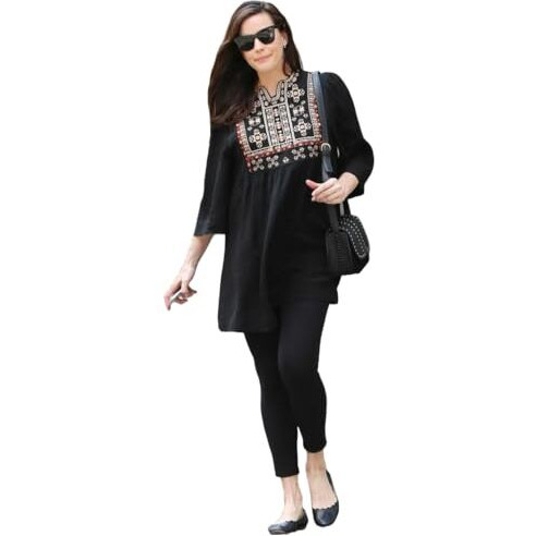 ANNI DESIGNER Women's Tunics Tops Rayon Viscose Embroidered Short Top for Women (BELLIZA Black_L_Black_Large)