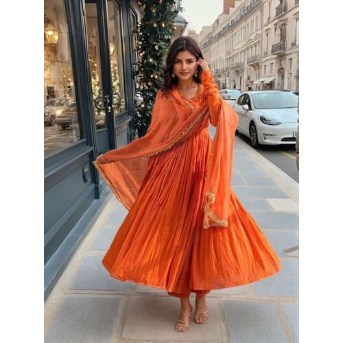 ANNI DESIGNER Women's Rayon Viscose Anarkali Solid Kurta with Pant & Dupatta (Garbo ORANGE-VKS04_L_Orange_Large)