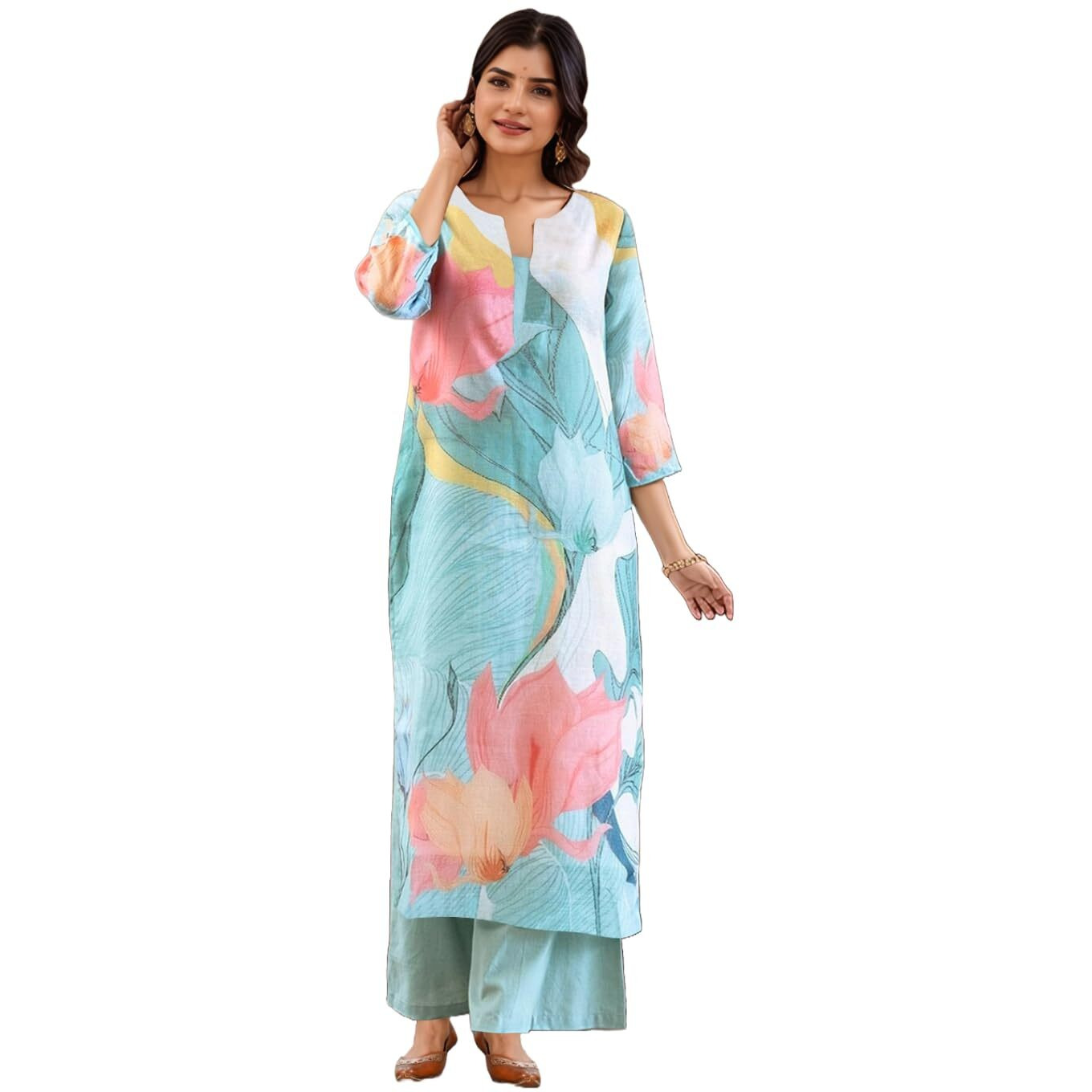 ANNI DESIGNER Women's Rayon Viscose Printed Straight Kurta with Palazzo (MIHIKA Sky_S_Sky Blue_Small)