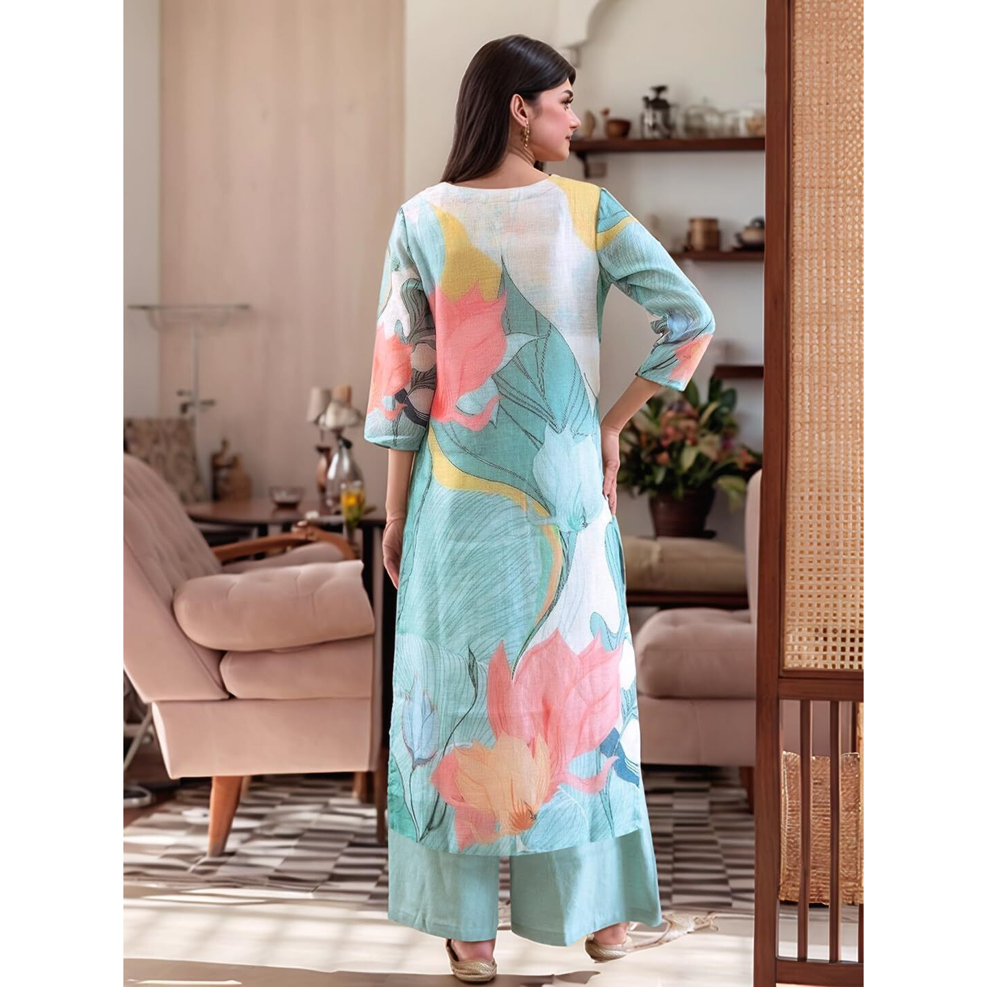ANNI DESIGNER Women's Rayon Viscose Printed Straight Kurta with Palazzo (MIHIKA Sky_S_Sky Blue_Small)