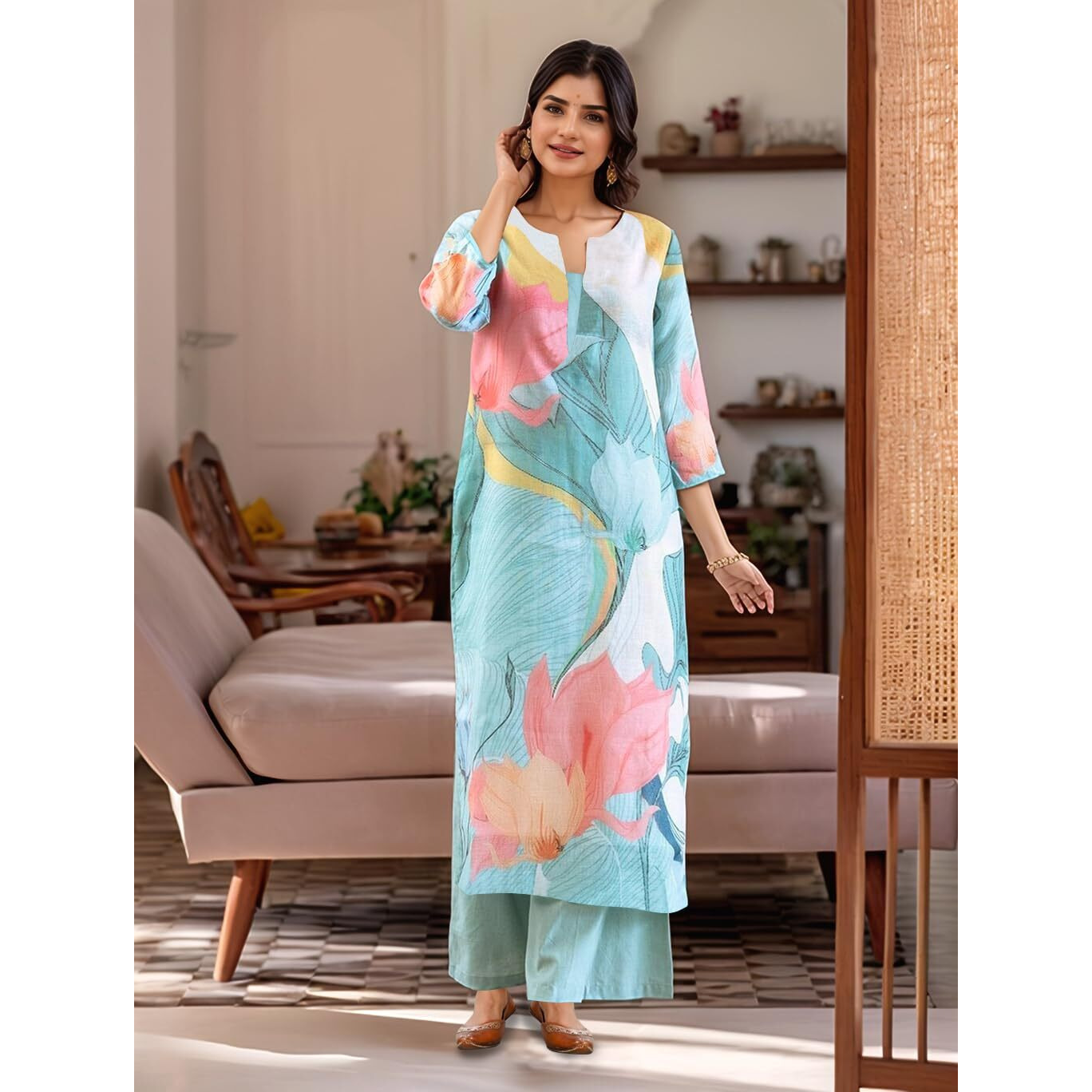 ANNI DESIGNER Women's Rayon Viscose Printed Straight Kurta with Palazzo (MIHIKA Sky_S_Sky Blue_Small)