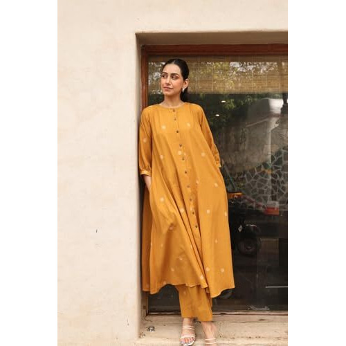 ANNI DESIGNER Women's Rayon Viscose A-Line Printed Kurta with Palazzo (Khergam Yellow_4XL_Mustard_XXXX-Large)