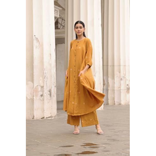 ANNI DESIGNER Women's Rayon Viscose A-Line Printed Kurta with Palazzo (Khergam Yellow_4XL_Mustard_XXXX-Large)