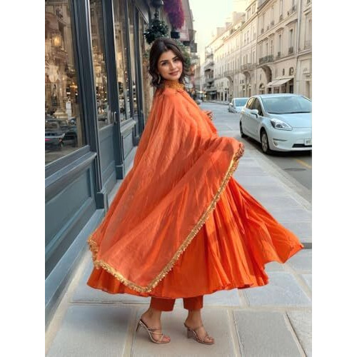 ANNI DESIGNER Women's Rayon Viscose Anarkali Solid Kurta with Pant & Dupatta (Garbo ORANGE-VKS04_S_Orange_Small)