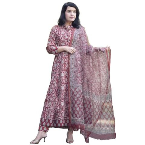 KLOSIA Women Printed Anarkali Kurta and Pant Set with Dupatta (in, Alpha, M, Red)