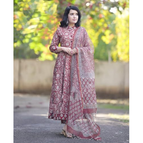 KLOSIA Women Printed Anarkali Kurta and Pant Set with Dupatta (in, Alpha, M, Red)