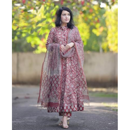 KLOSIA Women Printed Anarkali Kurta and Pant Set with Dupatta (in, Alpha, M, Red)