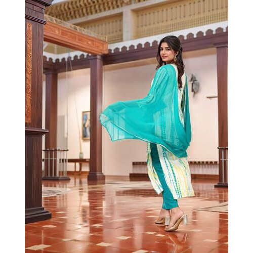 ANNI DESIGNER Women's Rayon Viscose Straight Printed Kurta with Pant & Dupatta (Tiedye RAMA Green-VKS08_3XL_Green_XXX-Large)