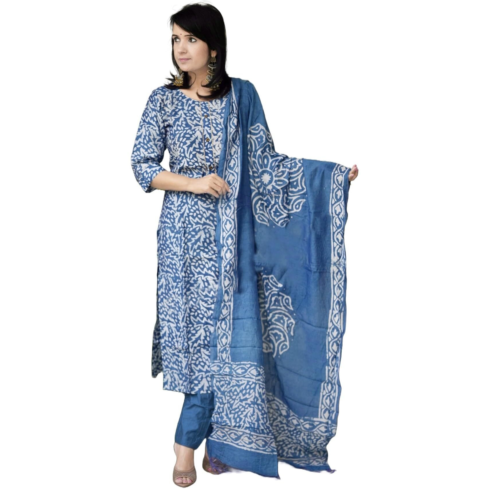 KLOSIA Women Printed Kurta and Pant Set with Dupatta (in, Alpha, M, Blue)
