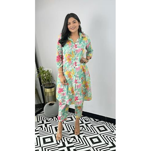 Yashika Blend Trendy Printed Cotton Bleand A-Line Trousers Woman Pant with Dupatta | Kurta Sets|Kurti for Women (AZ-YS-OG-KS2214-S) Parent_Green