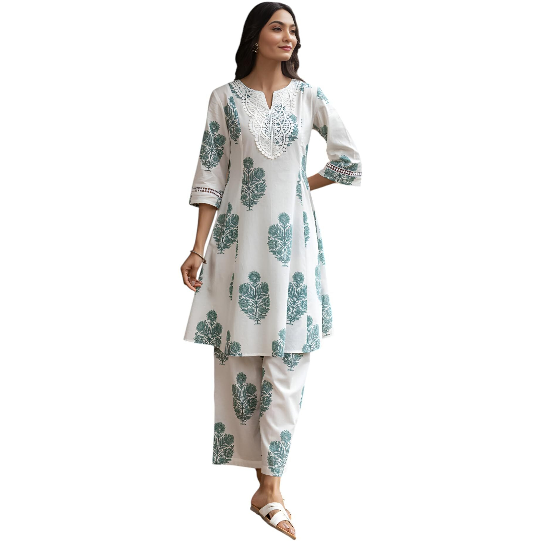 Yashika Blend Trendy Printed Cotton Bleand A-Line Palazzos Woman Pant with Dupatta | Kurta Sets|Kurti for Women (AZ-YS-OG-KS2212-M) (AZ-YS-OG-KS2212-Parent_White