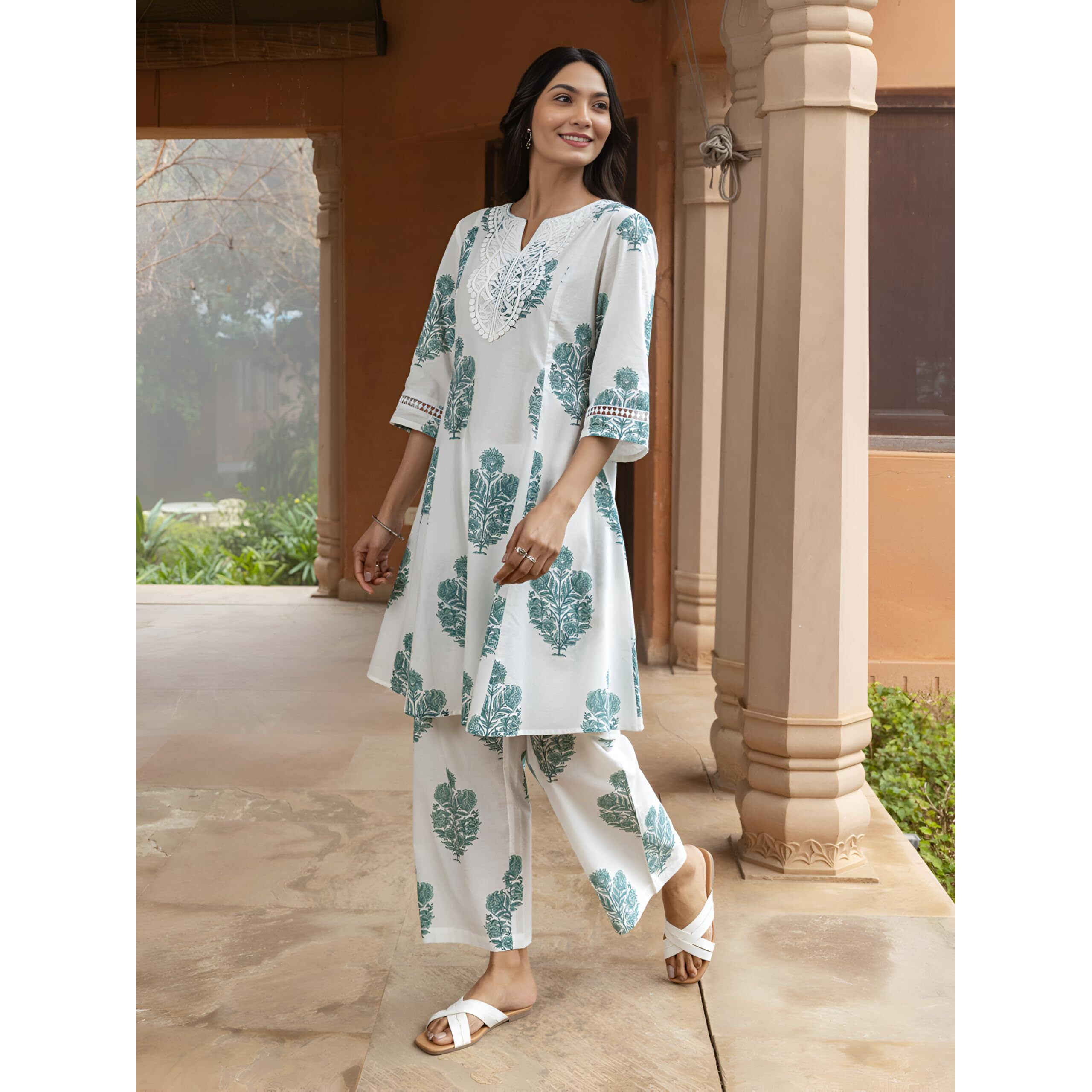 Yashika Blend Trendy Printed Cotton Bleand A-Line Palazzos Woman Pant with Dupatta | Kurta Sets|Kurti for Women (AZ-YS-OG-KS2212-M) (AZ-YS-OG-KS2212-Parent_White