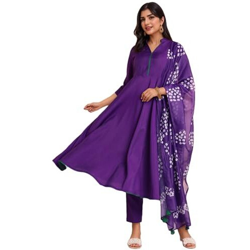 ANNI DESIGNER Women's Rayon Viscose Solid Anarkali Kurta with Pant & Dupatta (BHAGVATH BEGANI-VKS02_M_Begani_Medium)