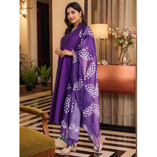 ANNI DESIGNER Women's Rayon Viscose Solid Anarkali Kurta with Pant & Dupatta (BHAGVATH BEGANI-VKS02_M_Begani_Medium)
