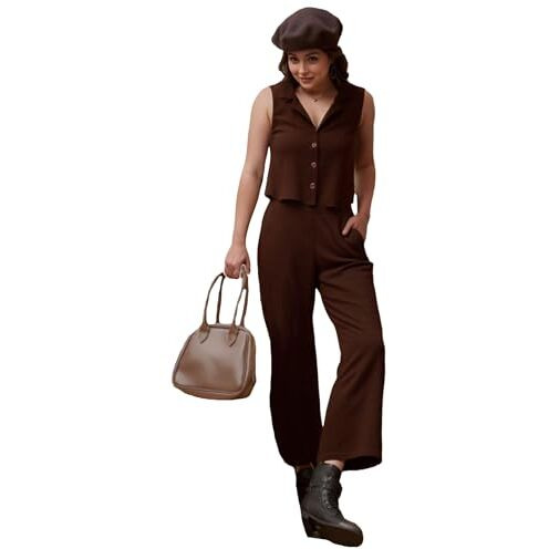 ANNI DESIGNER Women's Rayon Viscose Short Solid Waist-Coat with Trouser Set (FAZLUNA Brown_XL_Brown_X-Large)