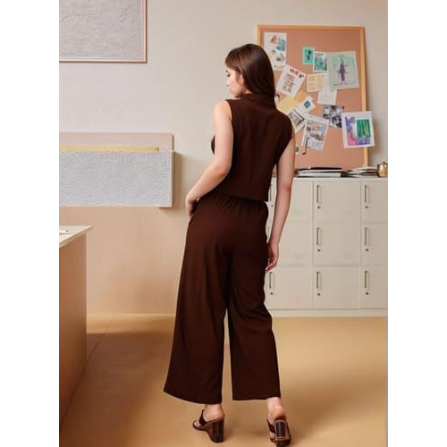 ANNI DESIGNER Women's Rayon Viscose Short Solid Waist-Coat with Trouser Set (FAZLUNA Brown_XL_Brown_X-Large)