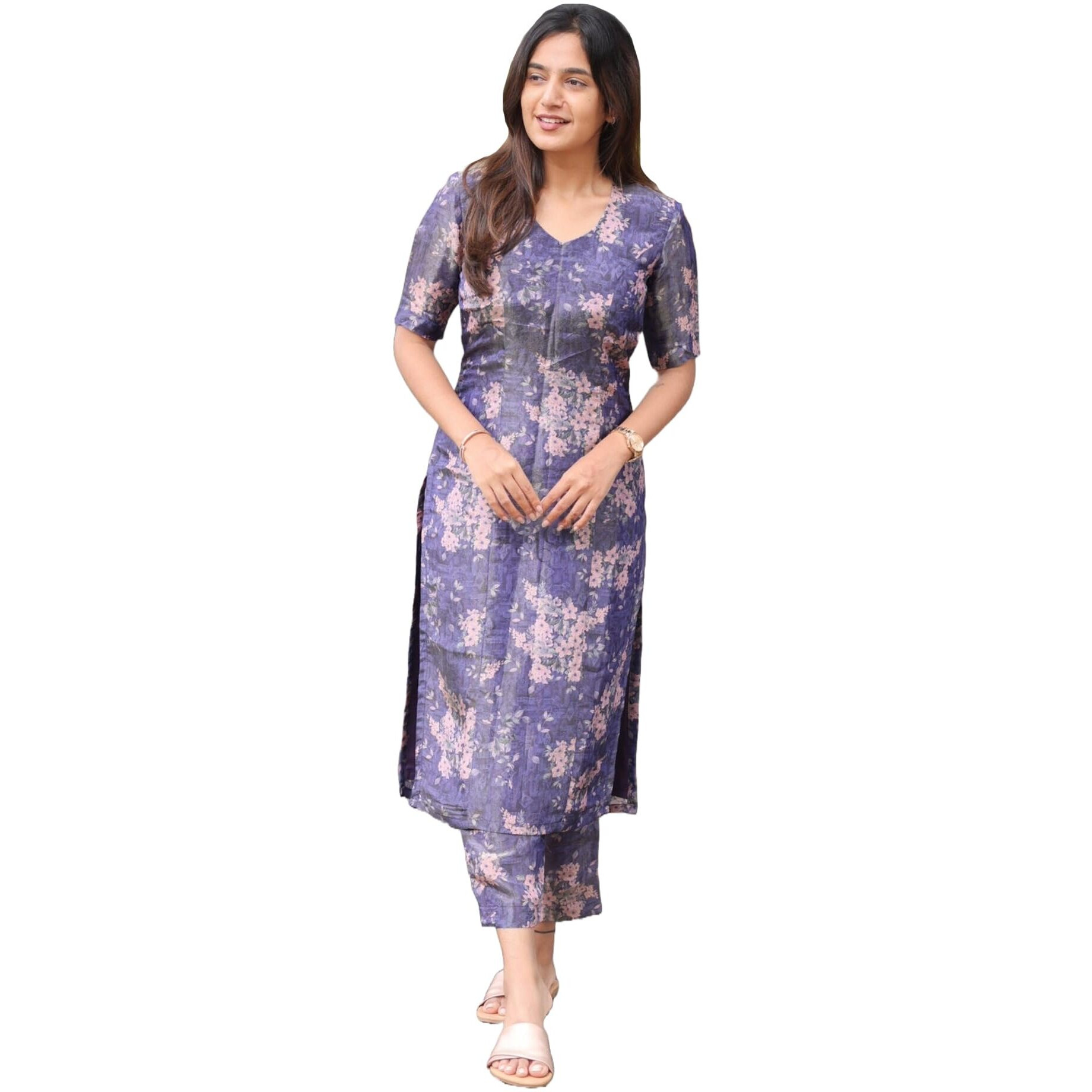 ANNI DESIGNER Women's Rayon Viscose Straight Printed Kurta with Pant (Tisur Begani_L_Begani_Large)