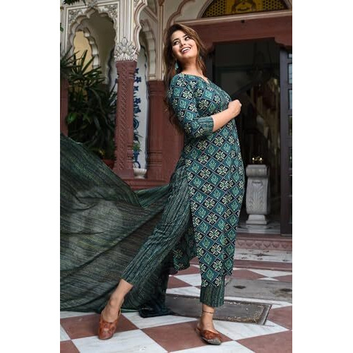 Yashika Checkered Regular Printed Cotton Blend Straight Kurta Pant Dupatta Set-Stylish Ethnic Wear for Women (AZ-YS-OG-KS2116-Parent_Green