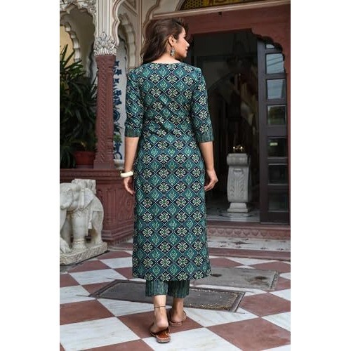 Yashika Checkered Regular Printed Cotton Blend Straight Kurta Pant Dupatta Set-Stylish Ethnic Wear for Women (AZ-YS-OG-KS2116-Parent_Green