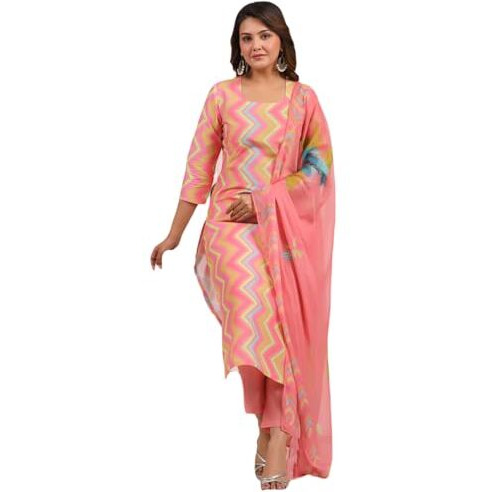ANNI DESIGNER Women's Rayon Blend Printed Straight Kurta with Pant & Dupatta (Zaggu Pink-NB_XXL_Pink_XX-Large)