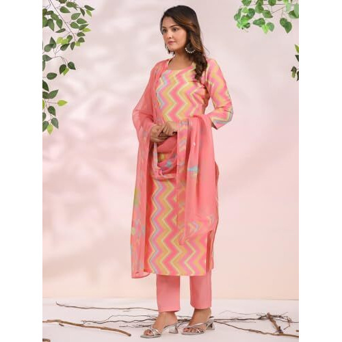 ANNI DESIGNER Women's Rayon Blend Printed Straight Kurta with Pant & Dupatta (Zaggu Pink-NB_XXL_Pink_XX-Large)