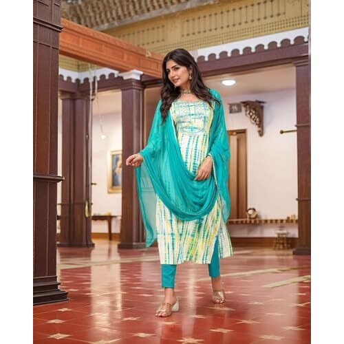 ANNI DESIGNER Women's Rayon Viscose Straight Printed Kurta with Pant & Dupatta (Tiedye RAMA Green-VKS08_5XL_Green_XXXXX-Large)