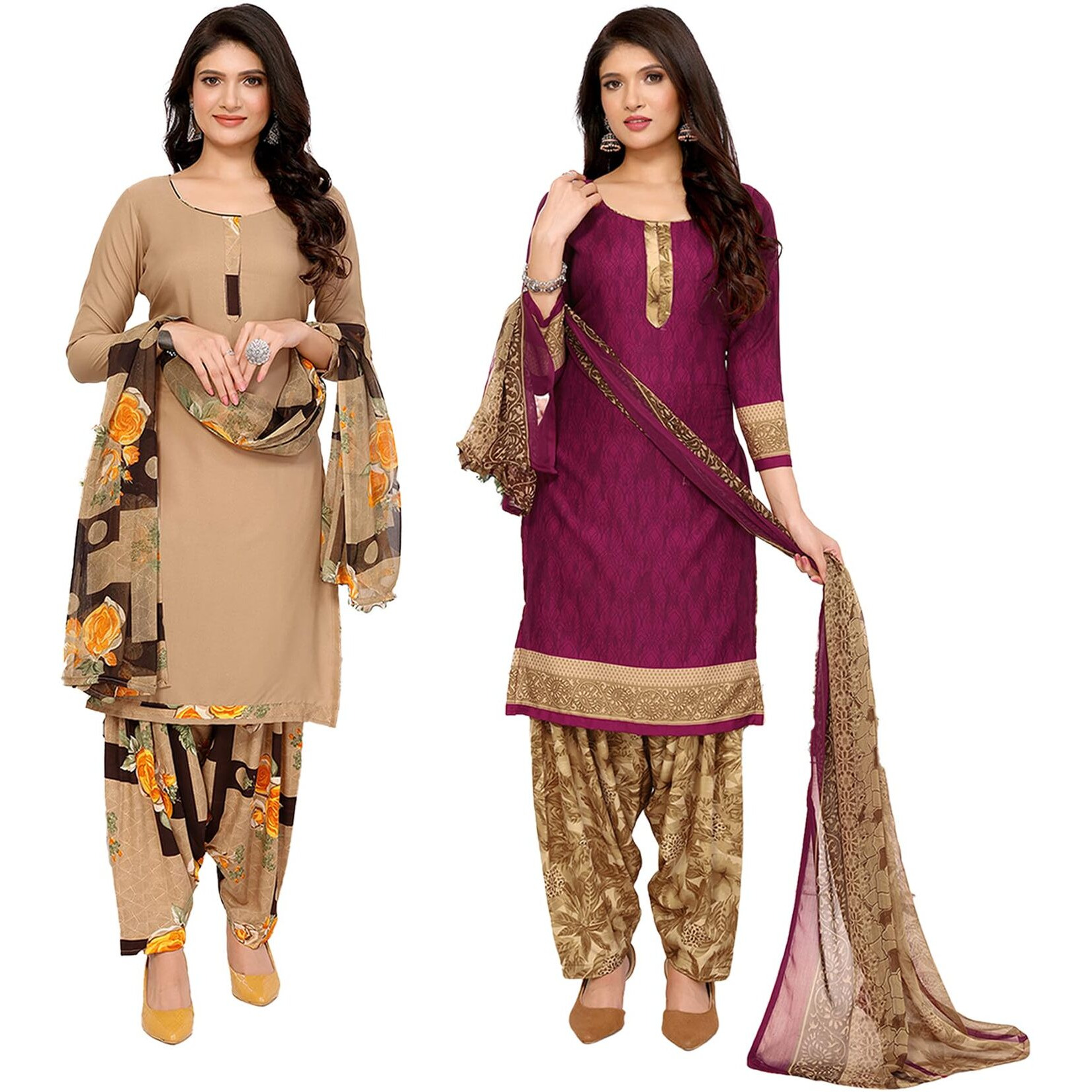 Yashika Women's Crepe Dress Material Set for Women | Unstitched Printed Fabric for Kurta Bottom & Dupatta (YS-ADMIRING YELLOW-JAZZY PURPLE)