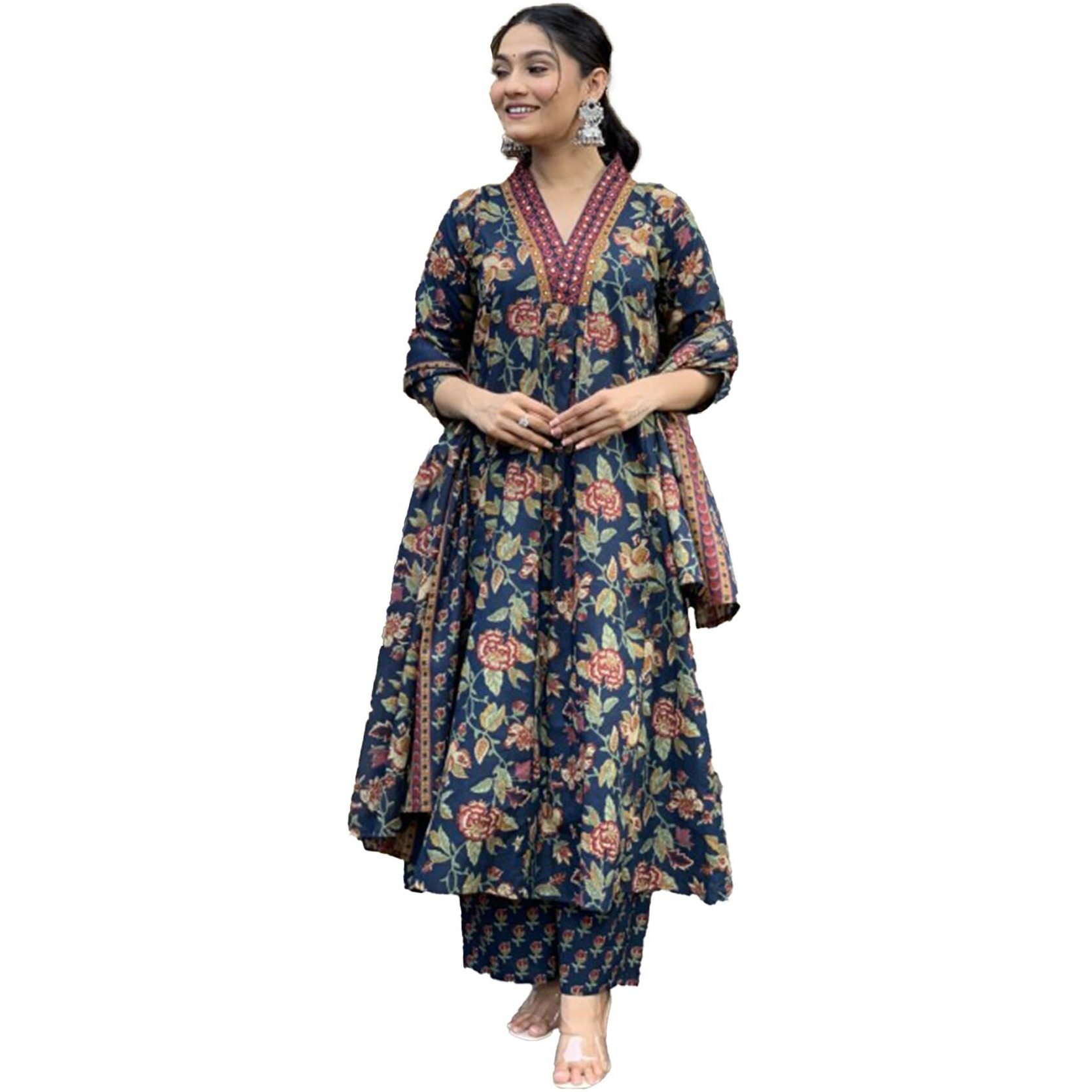 Yashika Women's Regular Cotton Blend Floral Printed Kurta Plazzo Set with Dupatta Suitable for Every Indian Occasion (AZ-YS-OG-KS2171-Parent_Navy