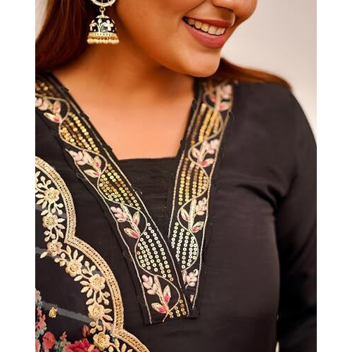 Yashika Solid Regular Print & Embroidered Straight Cotton Blend Stitched Woman Pant with Dupatta | Kurta Sets | Kurti for Women (AZ-YS-OG-KS2197-Parent_Black