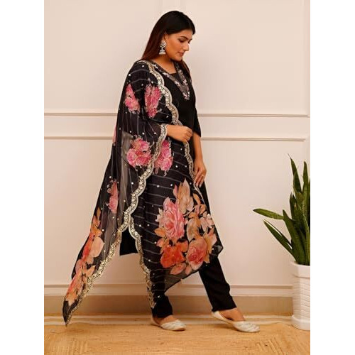 Yashika Solid Regular Print & Embroidered Straight Cotton Blend Stitched Woman Pant with Dupatta | Kurta Sets | Kurti for Women (AZ-YS-OG-KS2197-Parent_Black